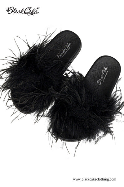 Rock N Roll Glam Back To Black Feather Sandal Slides